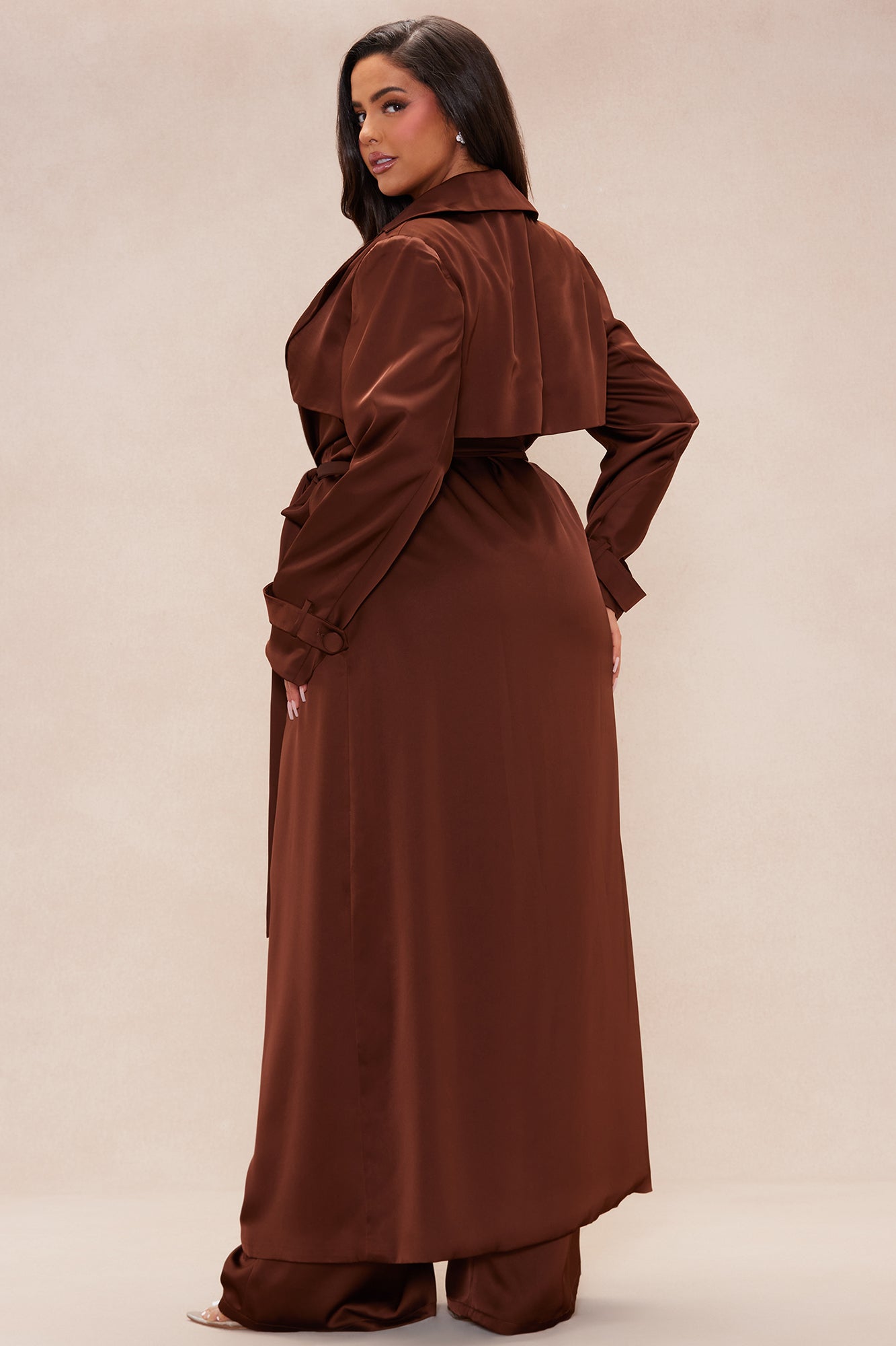 Gabriella Satin Trench Coat And Pant Set - Chocolate