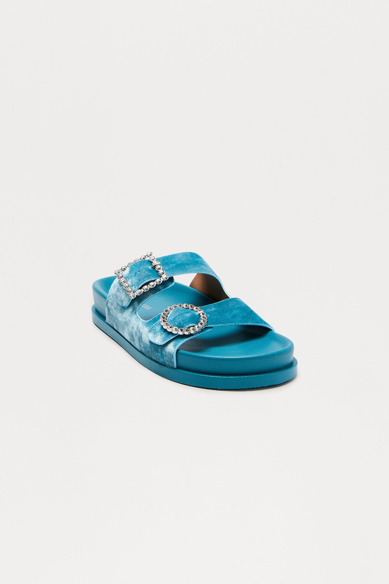 Ivona Rhinestone Buckle Velvet Sandals - Blue