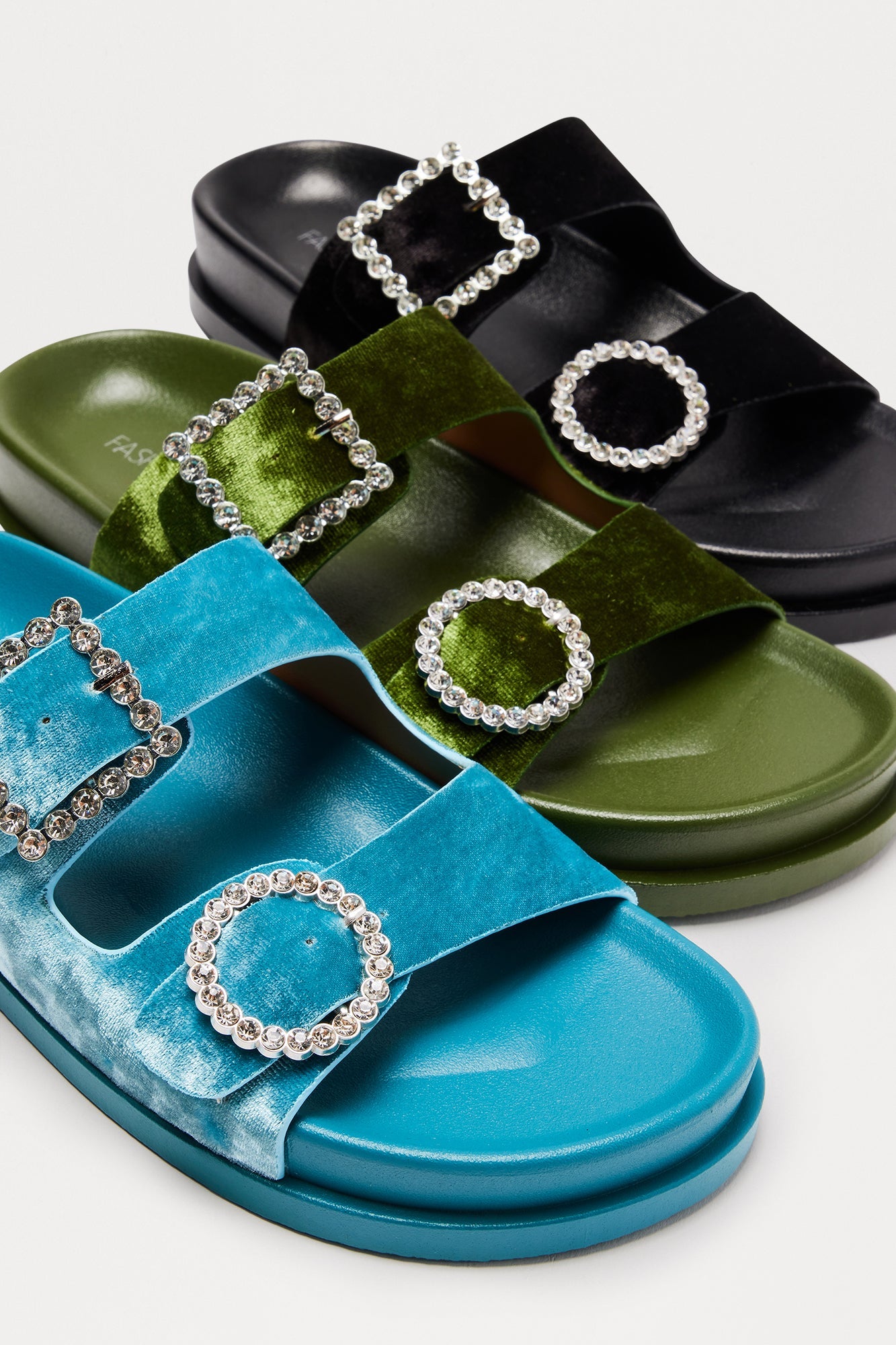 Ivona Rhinestone Buckle Velvet Sandals - Black