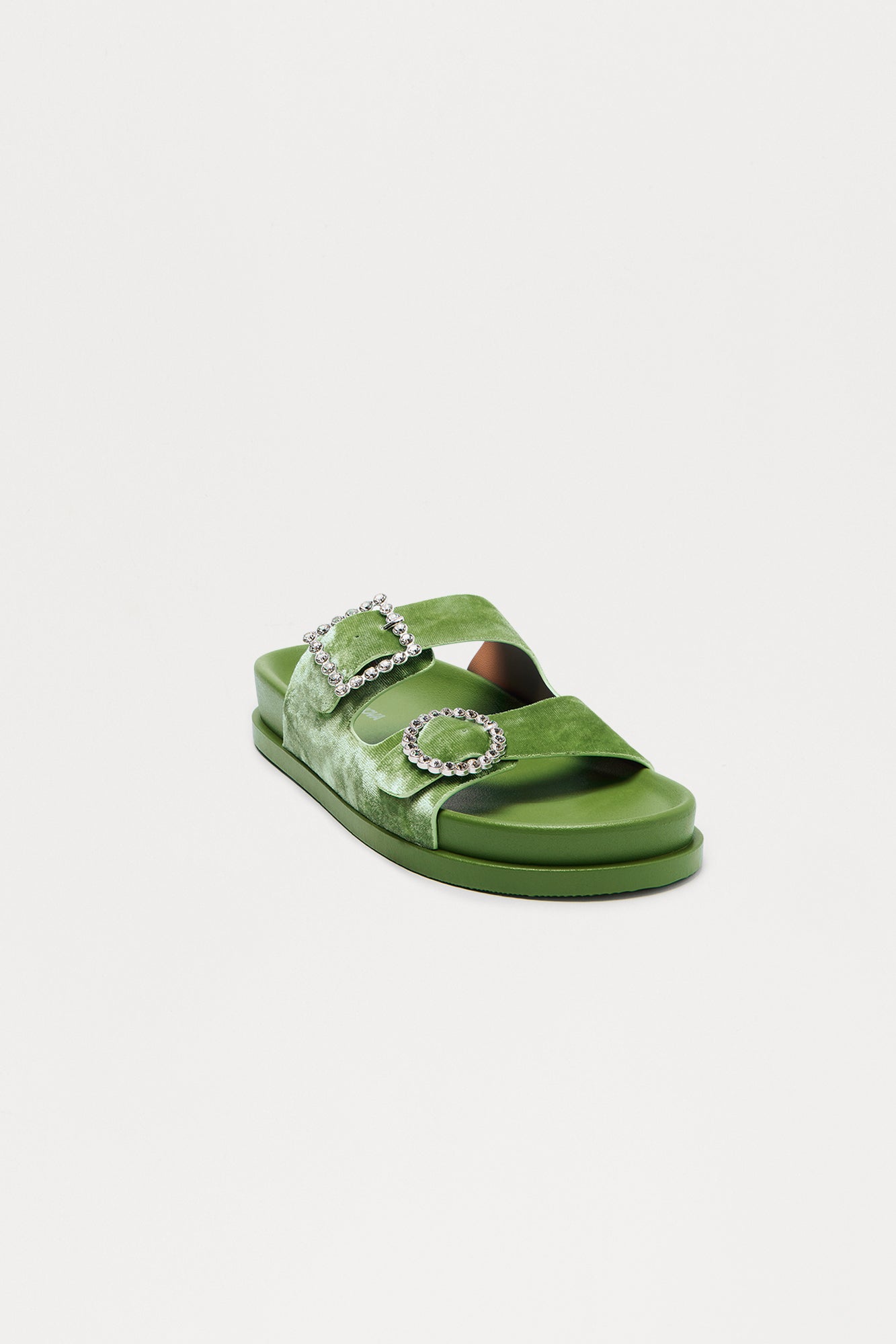 Ivona Rhinestone Buckle Velvet Sandals - Olive