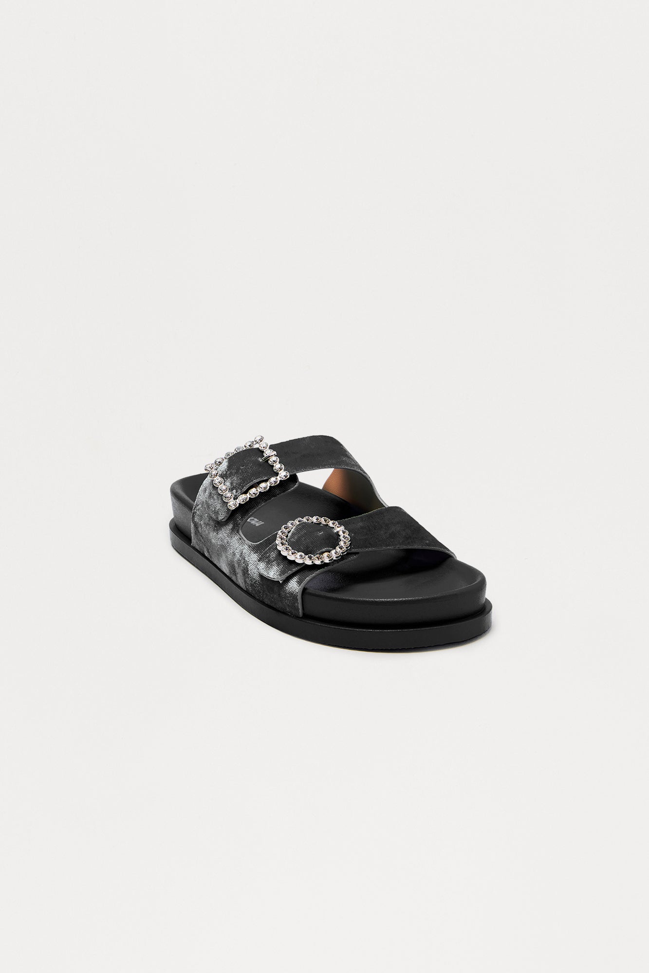 Ivona Rhinestone Buckle Velvet Sandals - Black