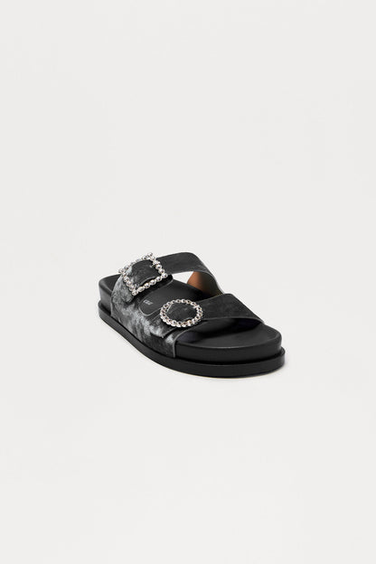 Ivona Rhinestone Buckle Velvet Sandals - Black