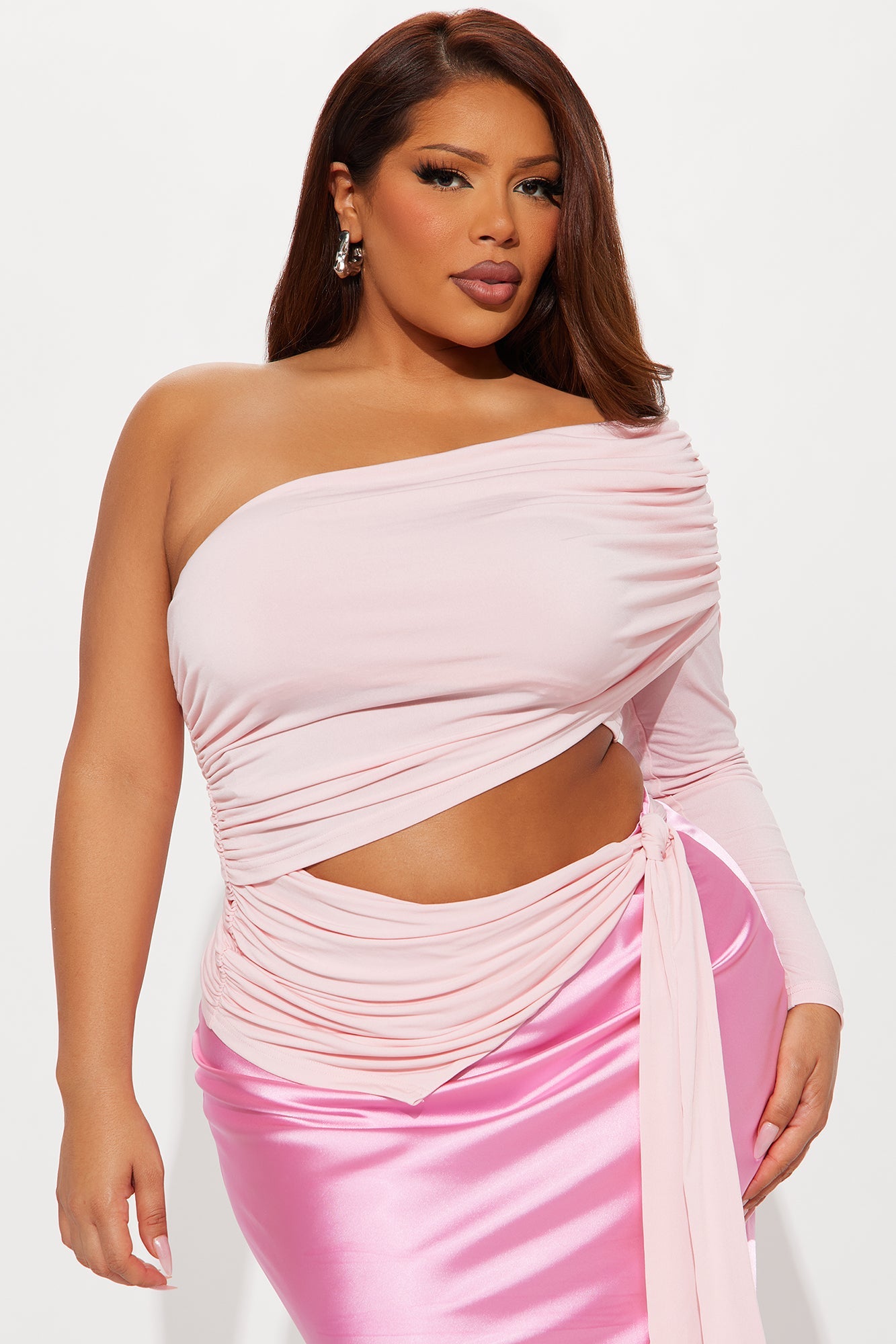 Striking One Shoulder Cut Out Top - Pink