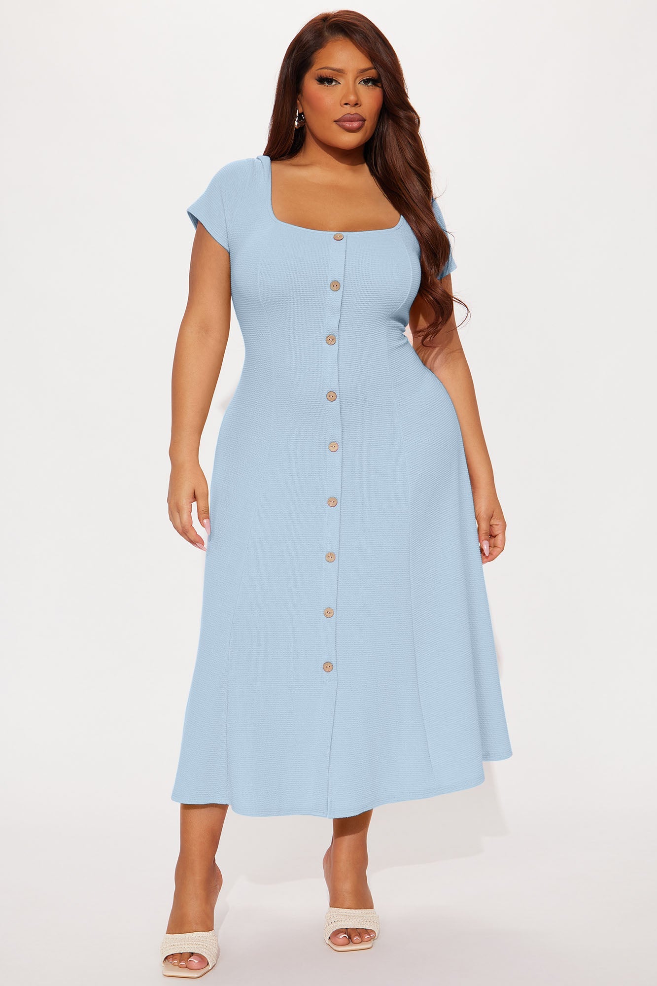 Just A Moment Scoop Neck Midi Dress - Dusty Blue