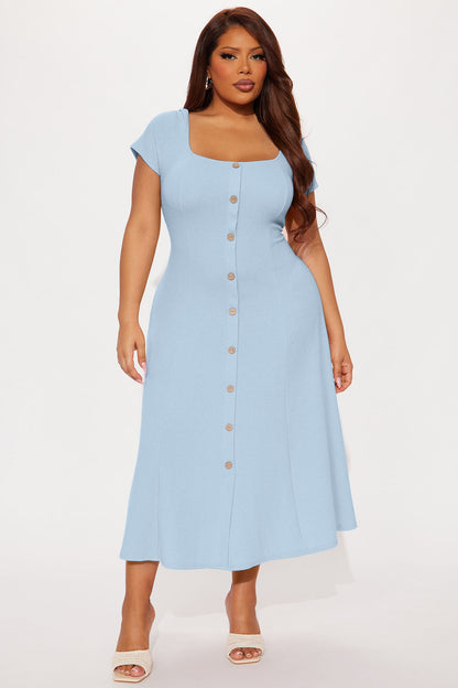 Just A Moment Scoop Neck Midi Dress - Dusty Blue
