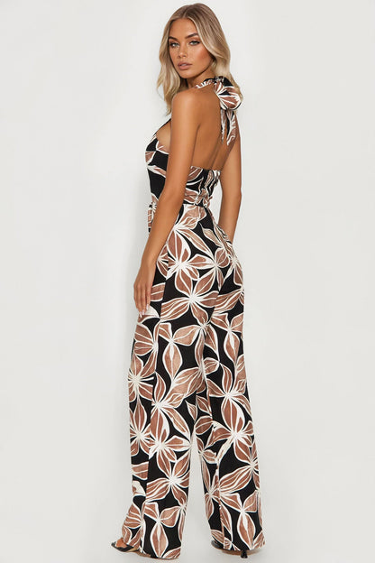 Angelica Linen Halter Jumpsuit - Black/combo
