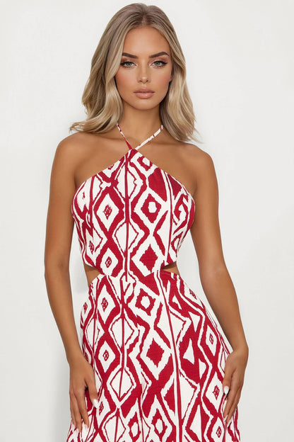 Jessenia Linen Halter Wide Leg Jumpsuit - Burgundy/combo