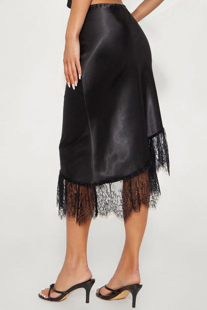 Dahlia Asymmetrical Satin Midi Skirt - Black