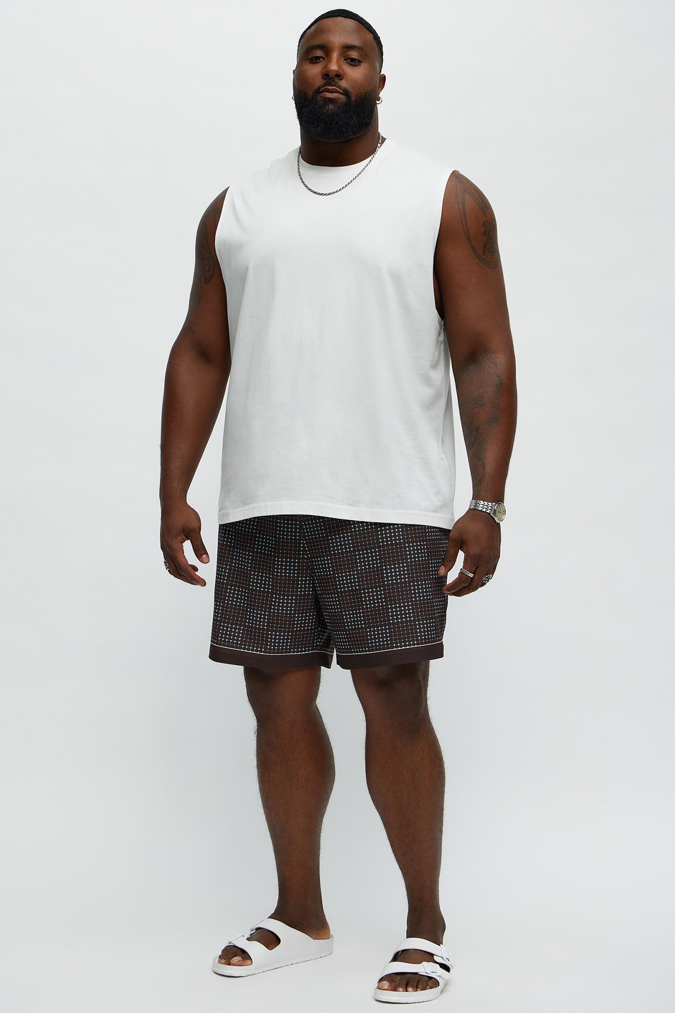 Grid Walk Printed Swim Mid Trunk - Brown/combo