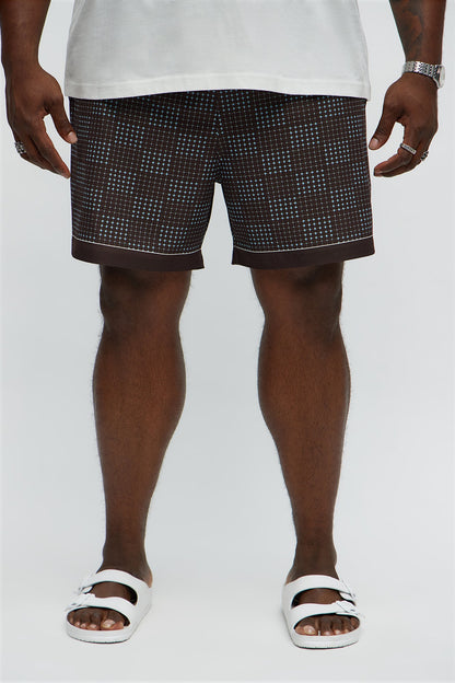 Grid Walk Printed Swim Mid Trunk - Brown/combo