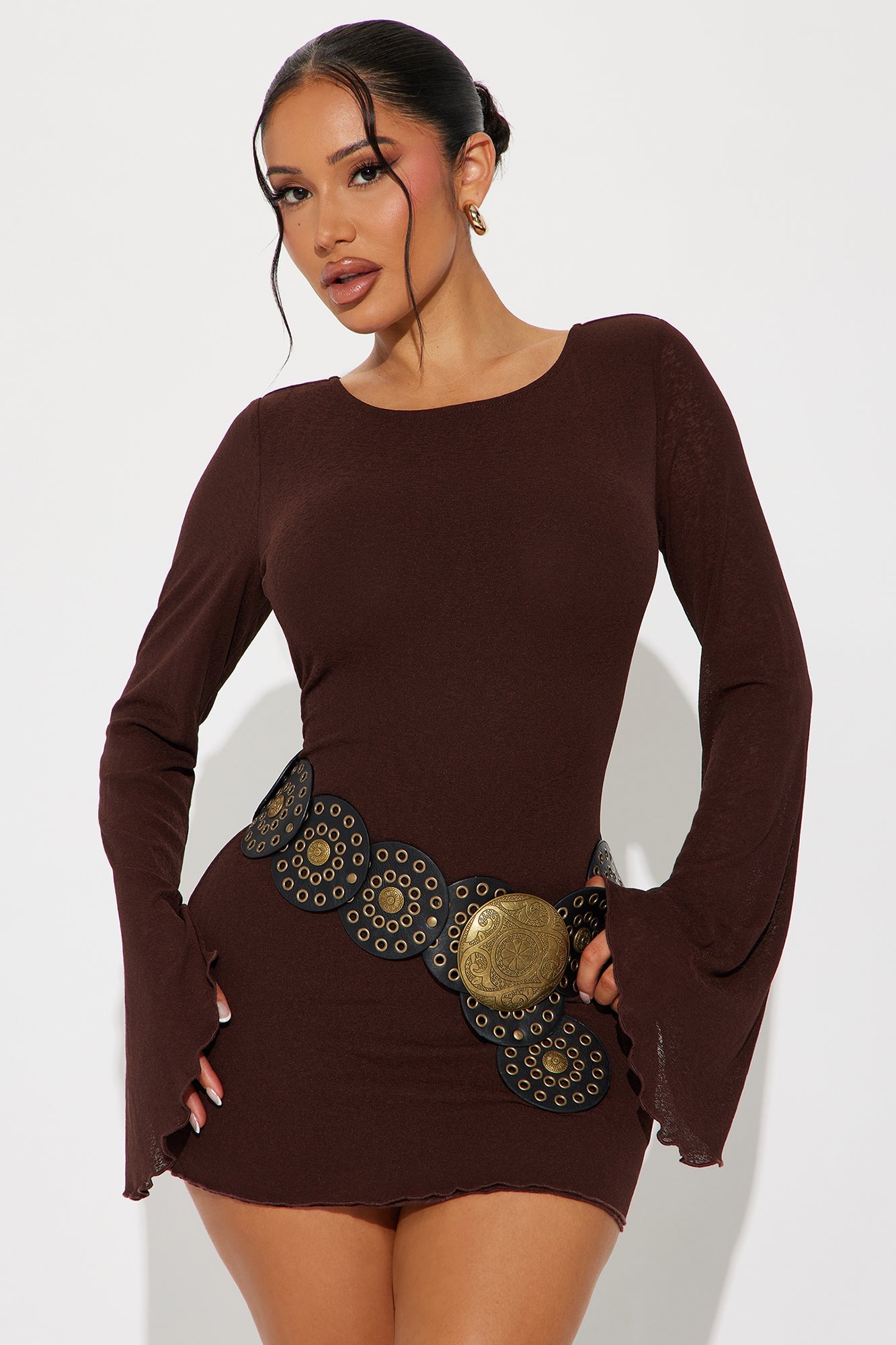 Bardot Belted Mini Dress - Chocolate
