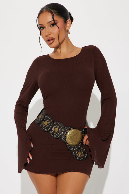 Bardot Belted Mini Dress - Chocolate