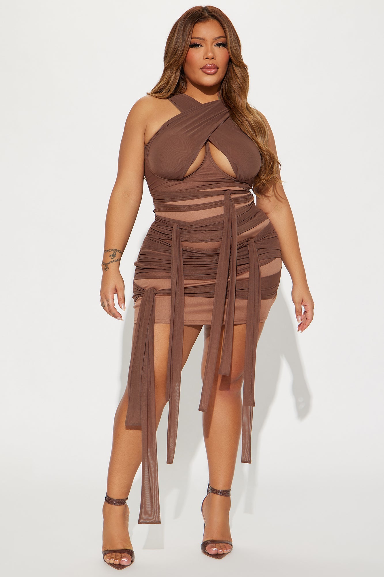 Tied To You Mesh Micro Mini Dress - Brown