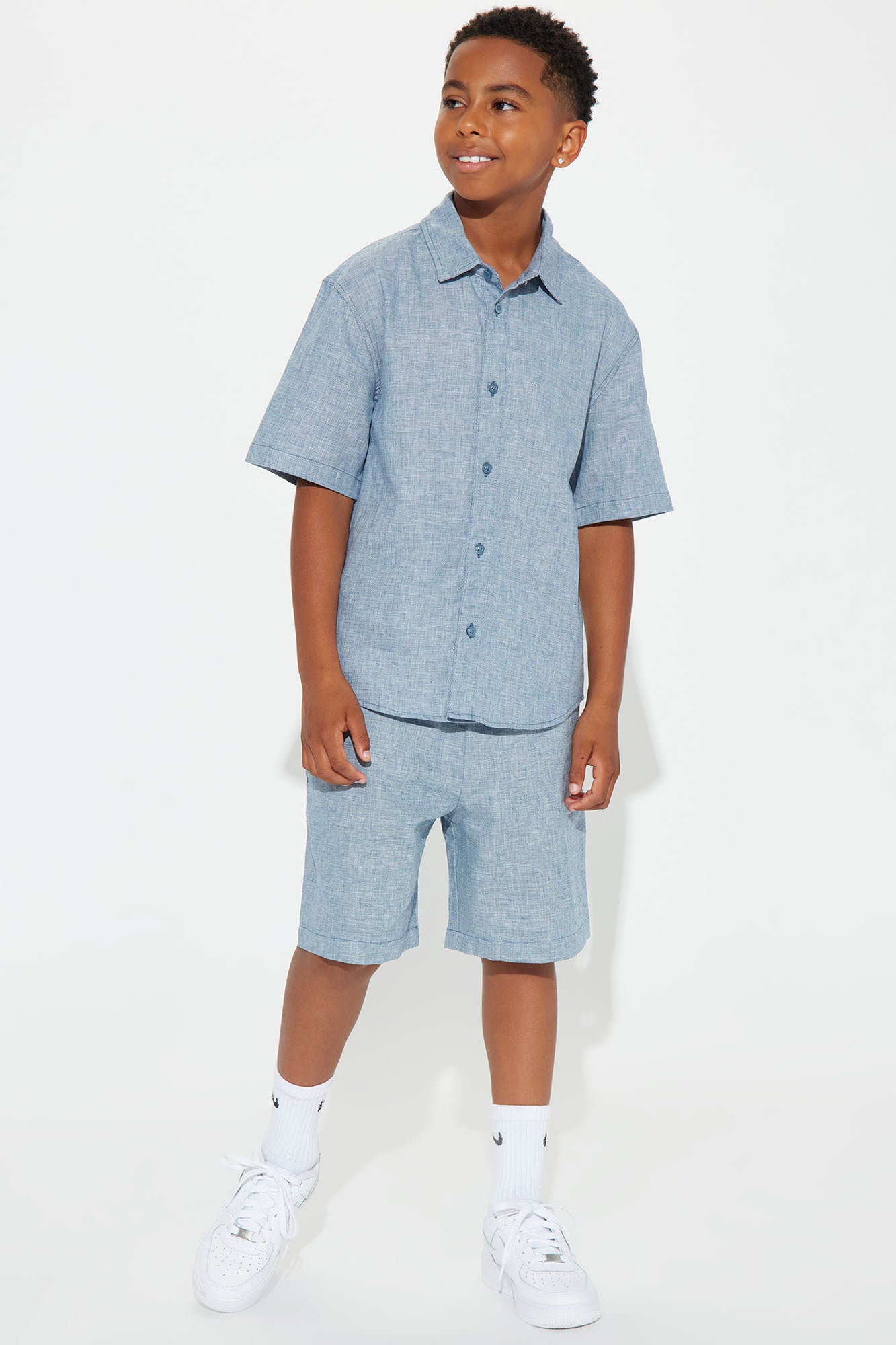 Mini Bahamas Linen Classic Button Up Shirt - Blue