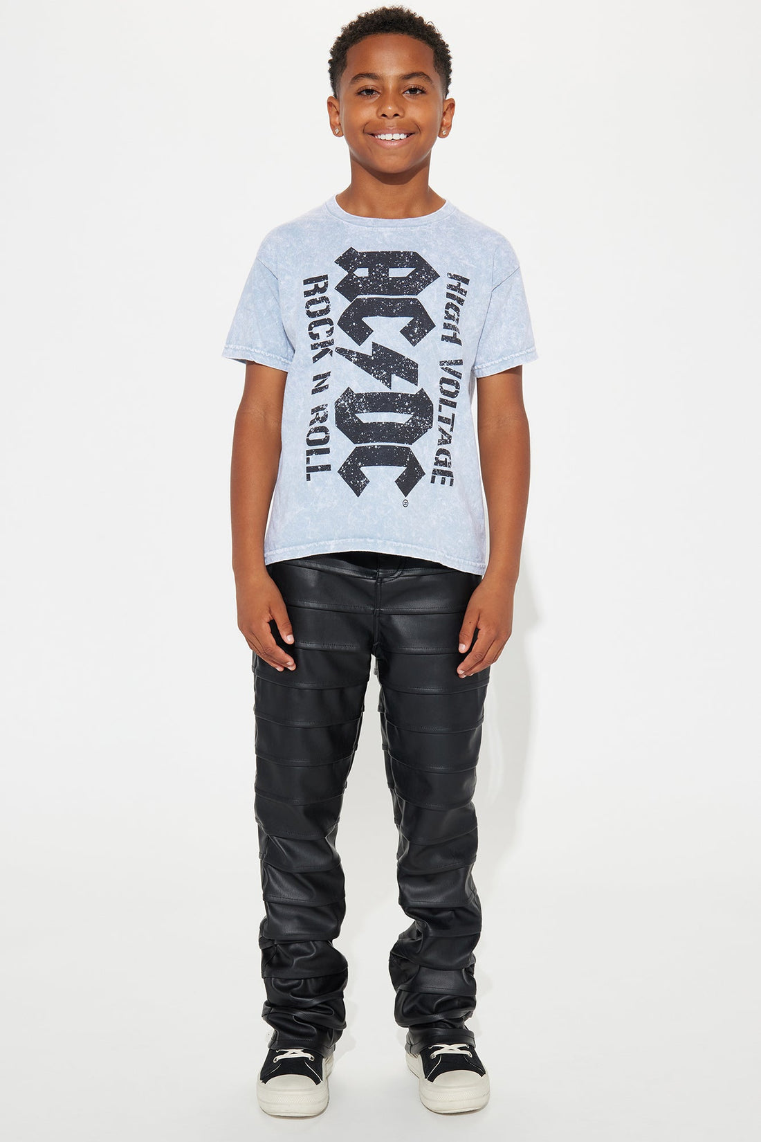 Mini Extra Levels Faux Leather Slim Stacked Flared Pants - Black