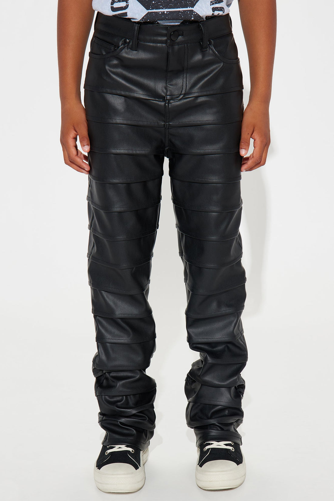 Mini Extra Levels Faux Leather Slim Stacked Flared Pants - Black