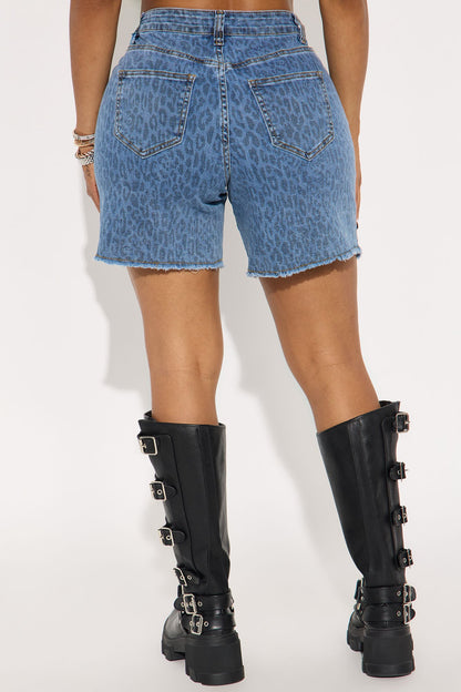 Wildin Leopard Print Bermuda Denim Shorts - Light Blue Wash