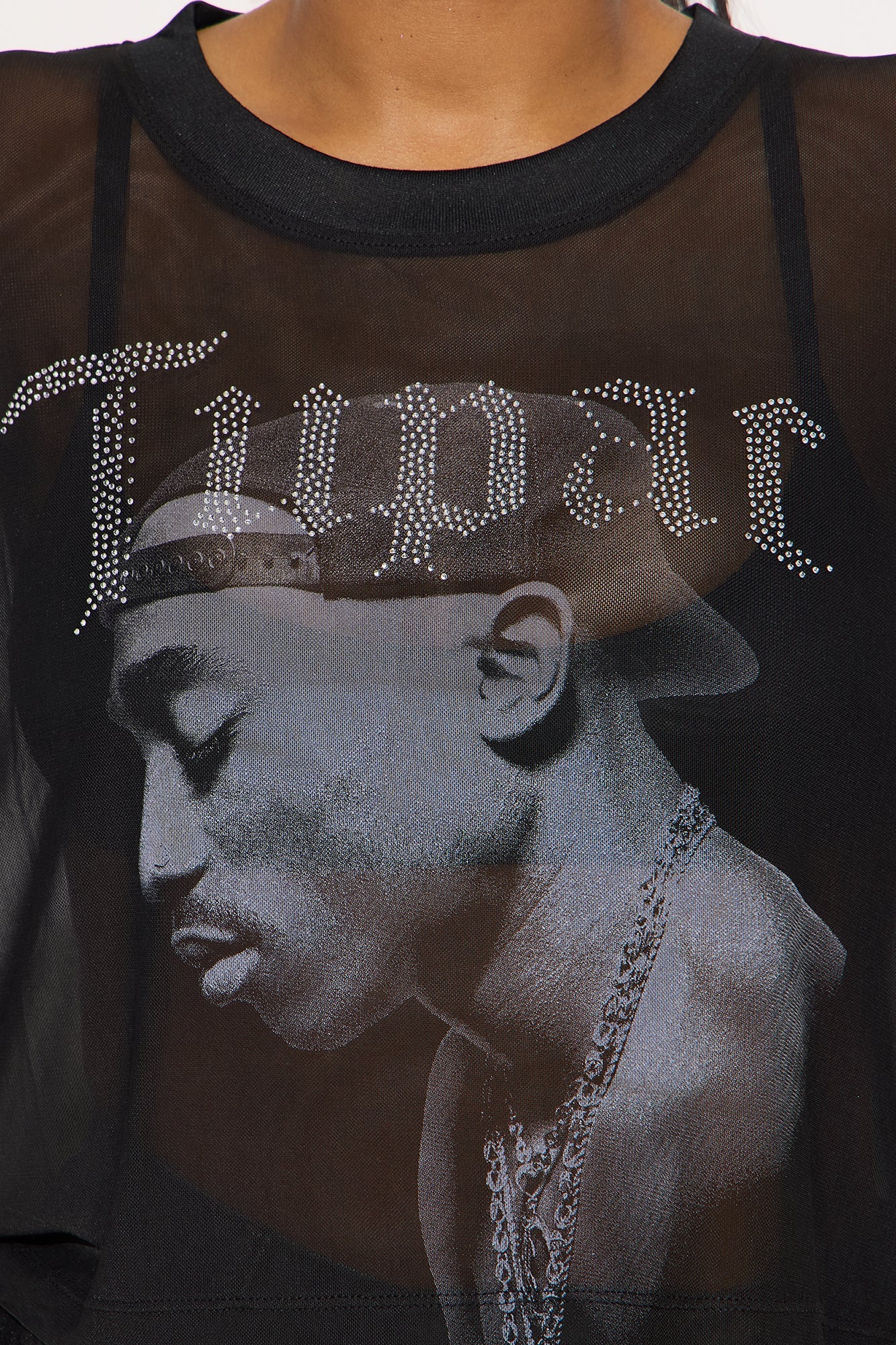 Tupac Mesh Rhinestone Cropped Tee - Black