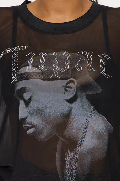 Tupac Mesh Rhinestone Cropped Tee - Black