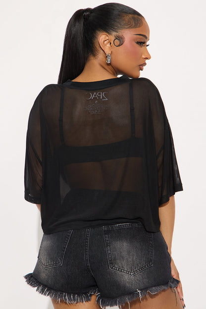 Tupac Mesh Rhinestone Cropped Tee - Black