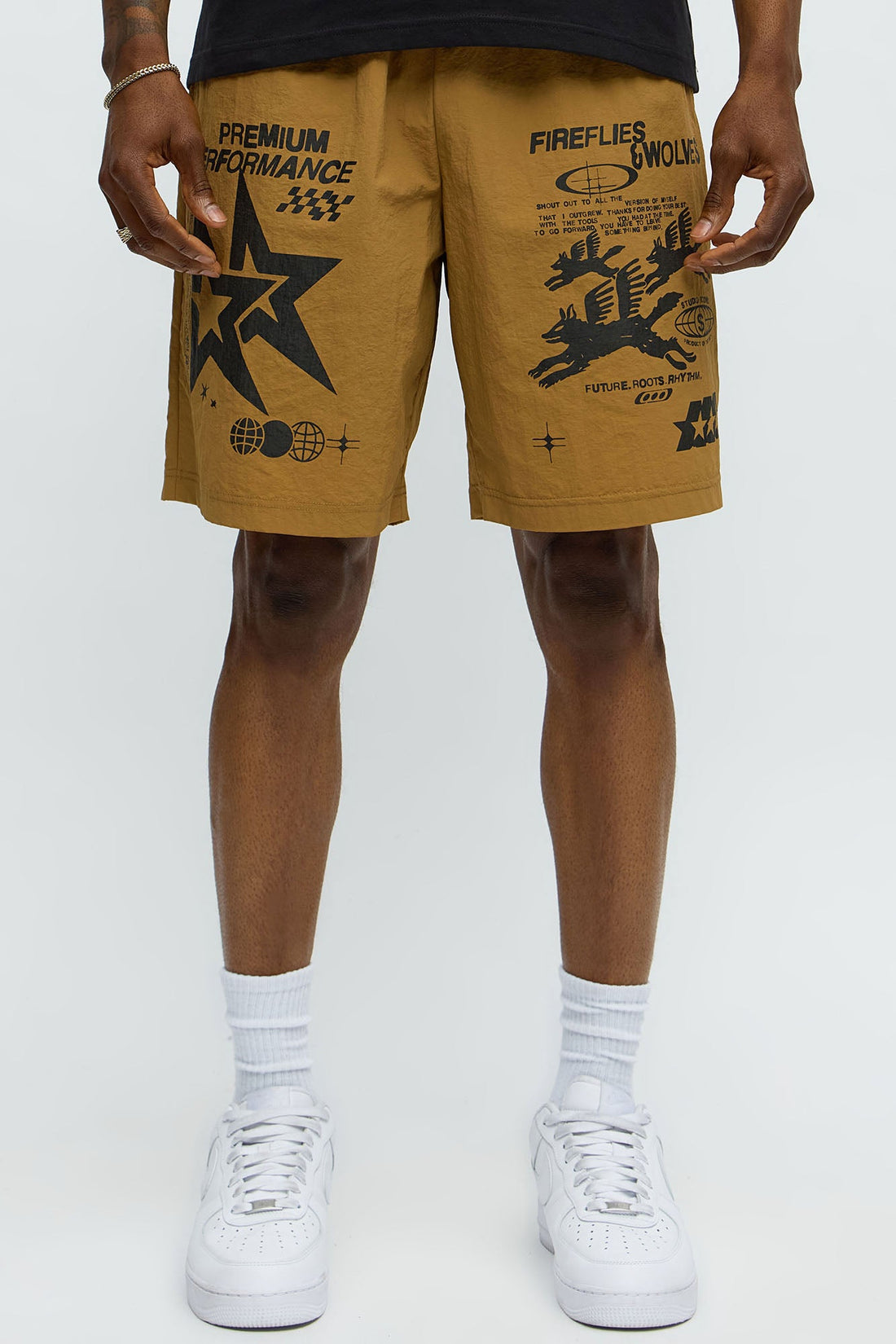 Fireflies And Wolves Graphic Relaxed Shorts - Brown Combo