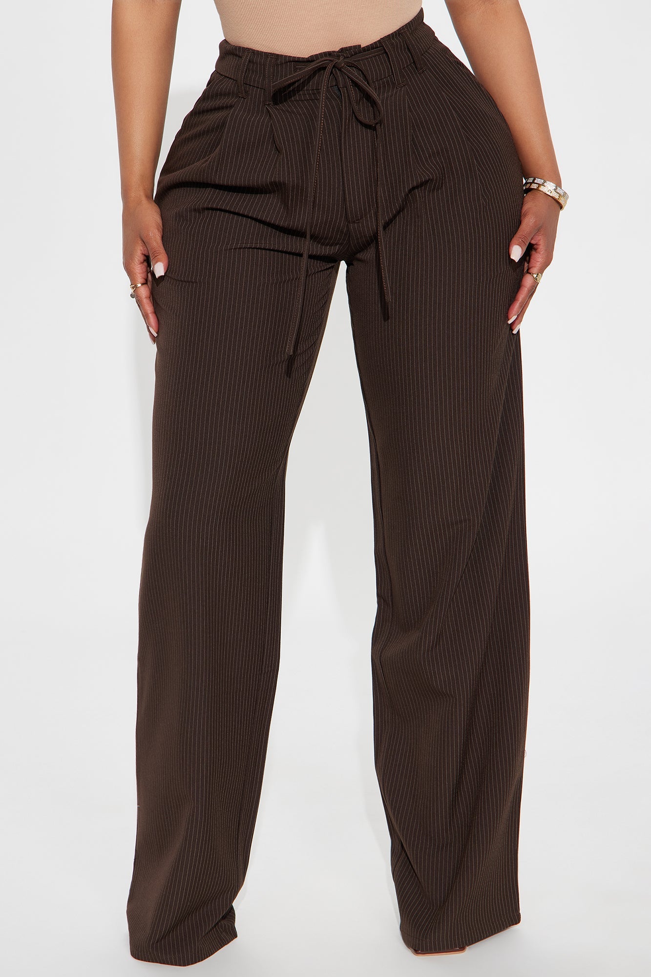 Kelly Pinstripe Wide Leg Trouser Pant - Chocolate