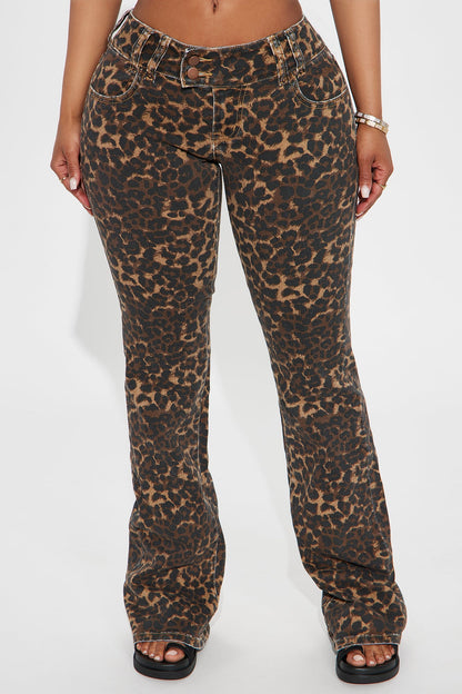 Wild One Leopard Print Flare Jeans - Brown/combo