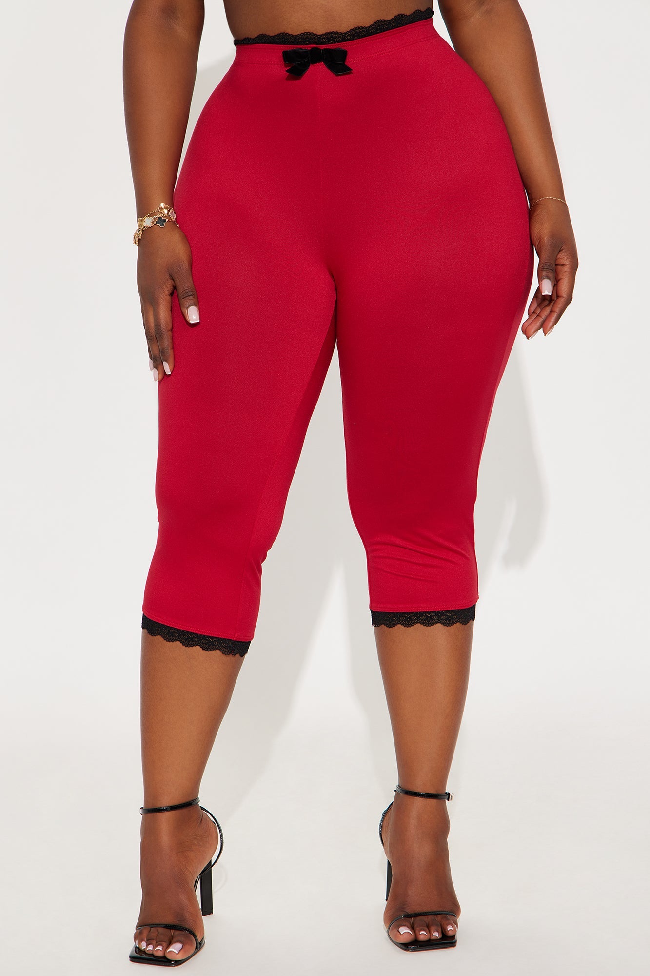 Valentina Solid Lace Trim Capri Legging - Red