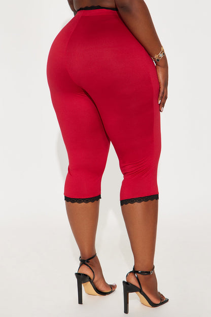 Valentina Solid Lace Trim Capri Legging - Red