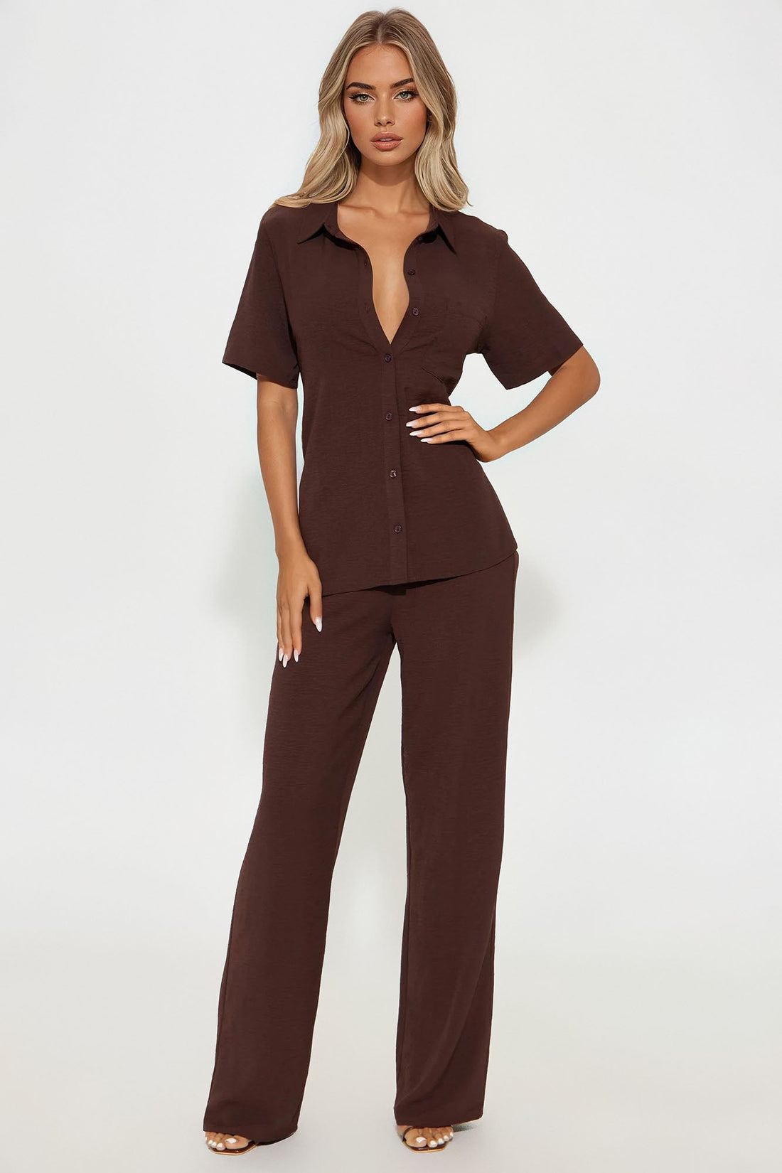 Makenzie Short Sleeve Pant Set - Dark Brown