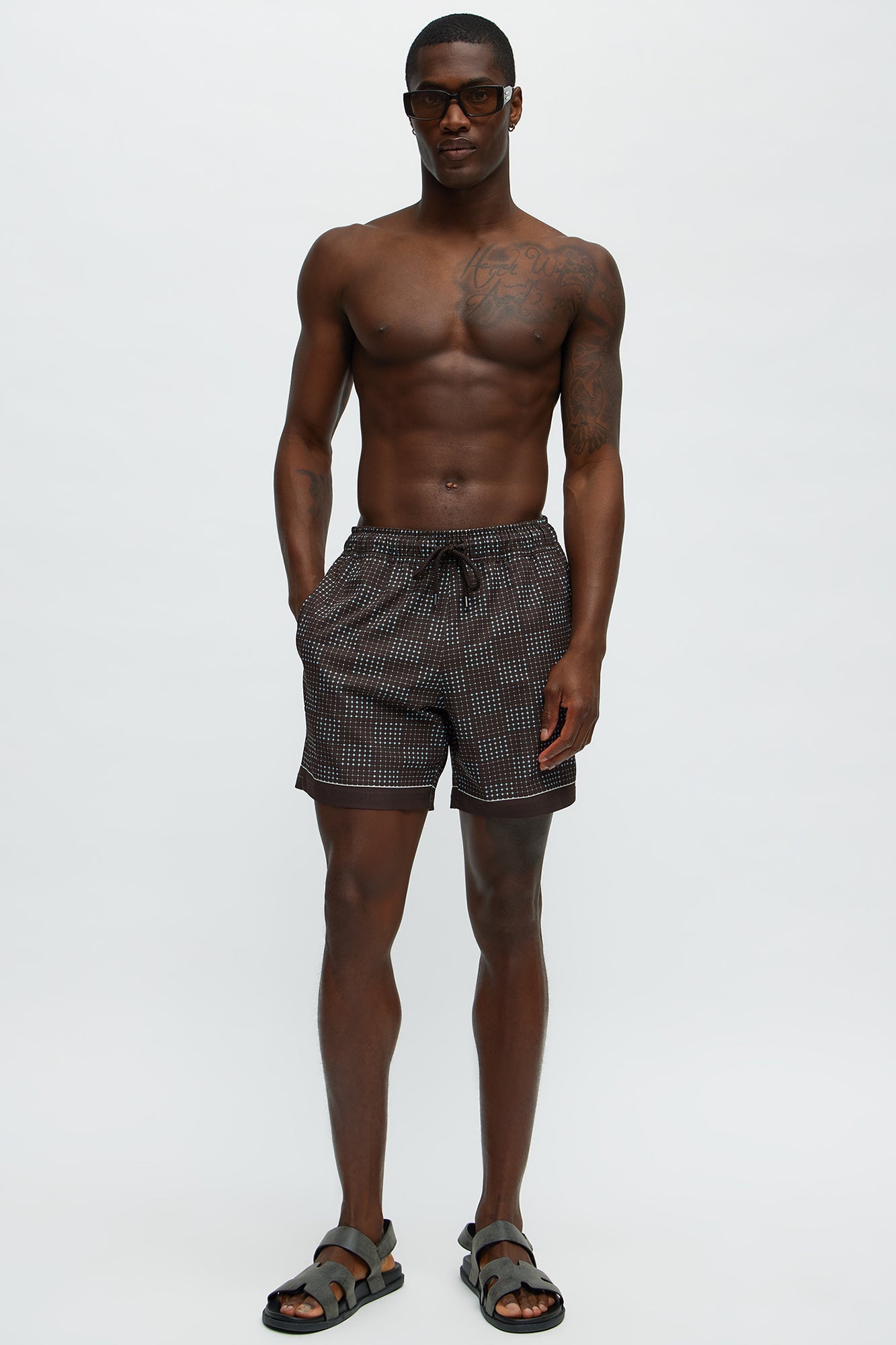 Grid Walk Printed Swim Mid Trunk - Brown/combo