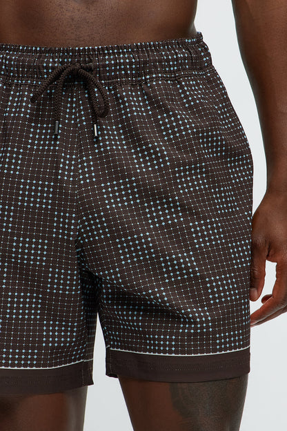 Grid Walk Printed Swim Mid Trunk - Brown/combo