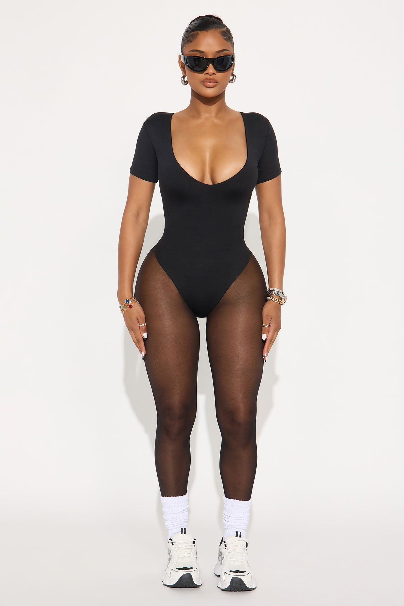 Contour Double Lined Short Sleeve High Cut Bodysuit - Black
