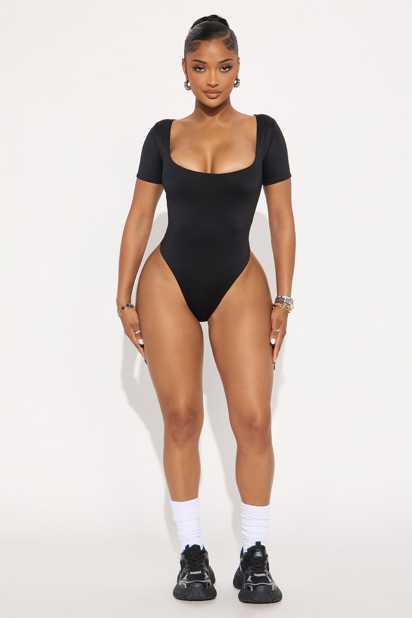 Contour Double Lined Short Sleeve Scoop Neck Bodysuit - Black
