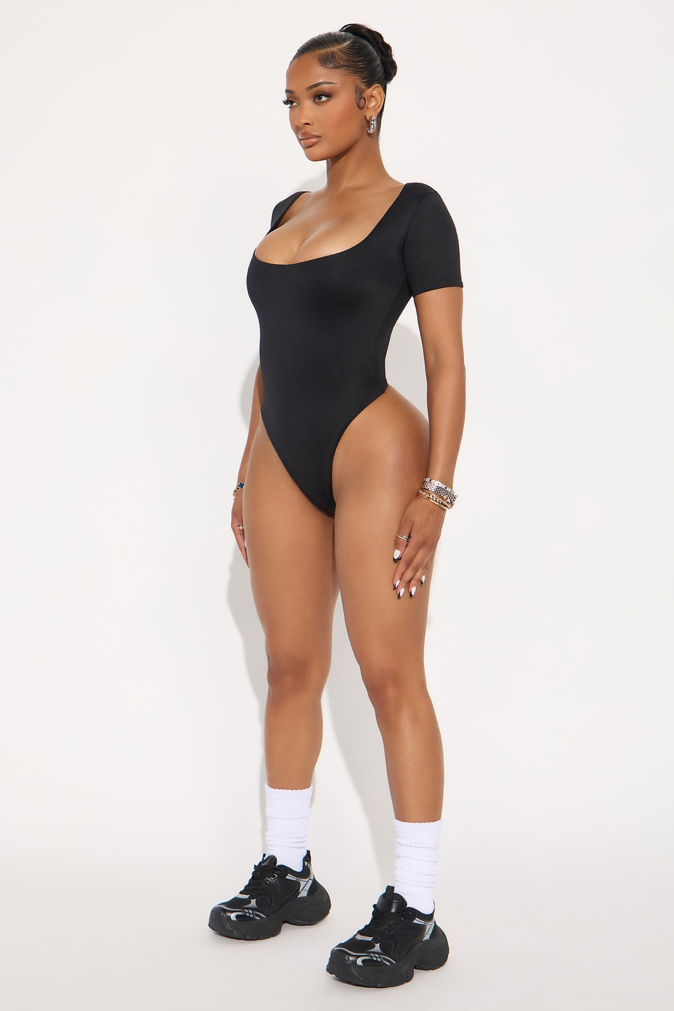 Contour Double Lined Short Sleeve Scoop Neck Bodysuit - Black