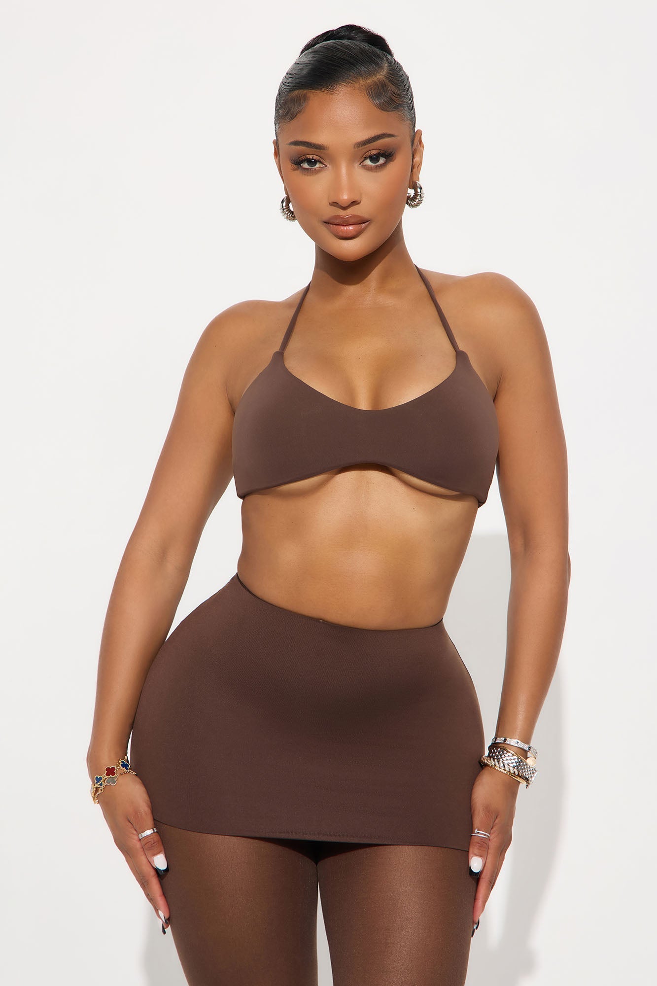 Second Skin Double Lined Halter Bra Top - Chocolate
