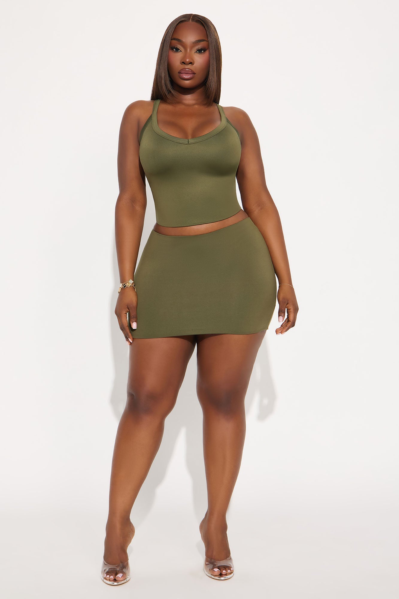 Contour Double Lined V-Neck Tank Top - Military Green