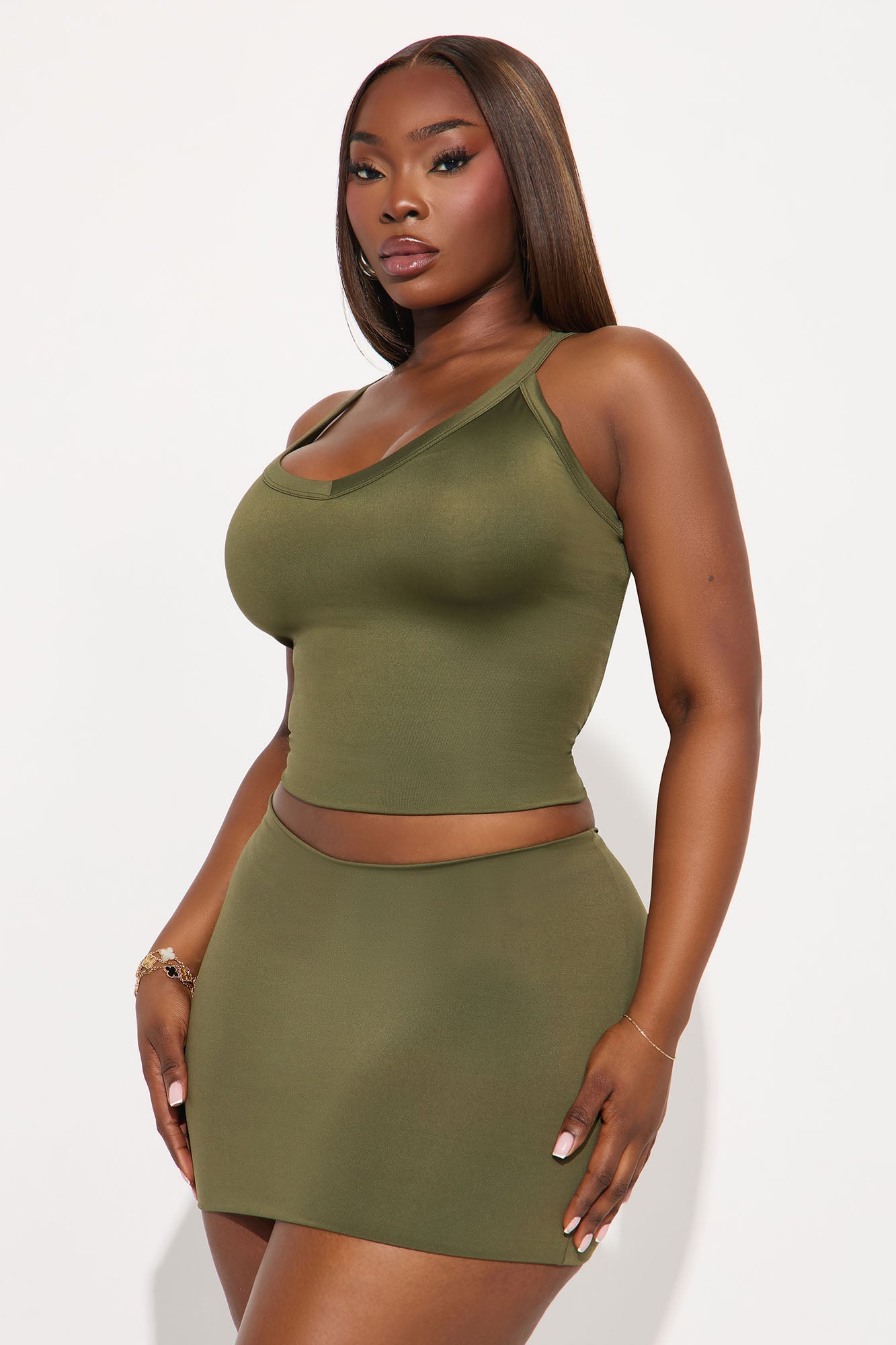 Contour Double Lined V-Neck Tank Top - Military Green