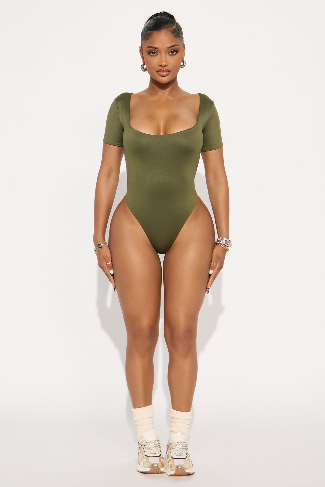 Contour Double Lined Short Sleeve Scoop Neck Bodysuit - Military Green