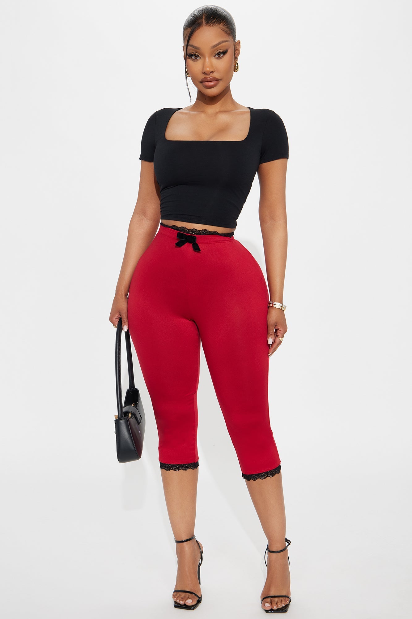Valentina Solid Lace Trim Capri Legging - Red