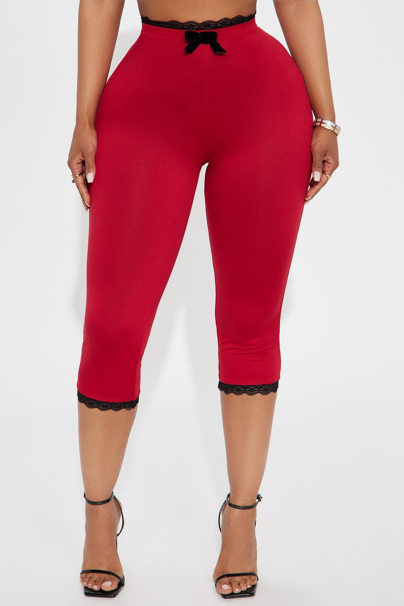 Valentina Solid Lace Trim Capri Legging - Red