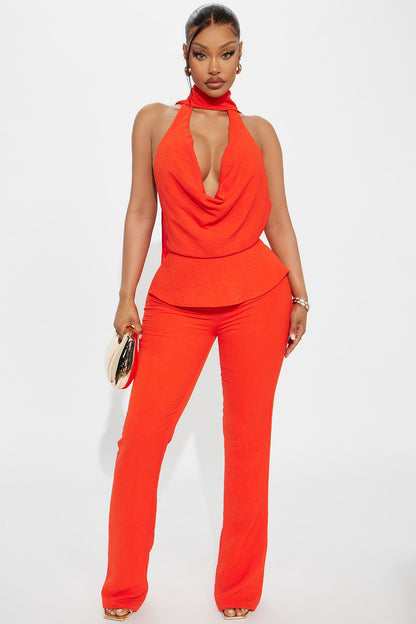 First Class Only Cowl Neck Jumpsuit - Tomato Red