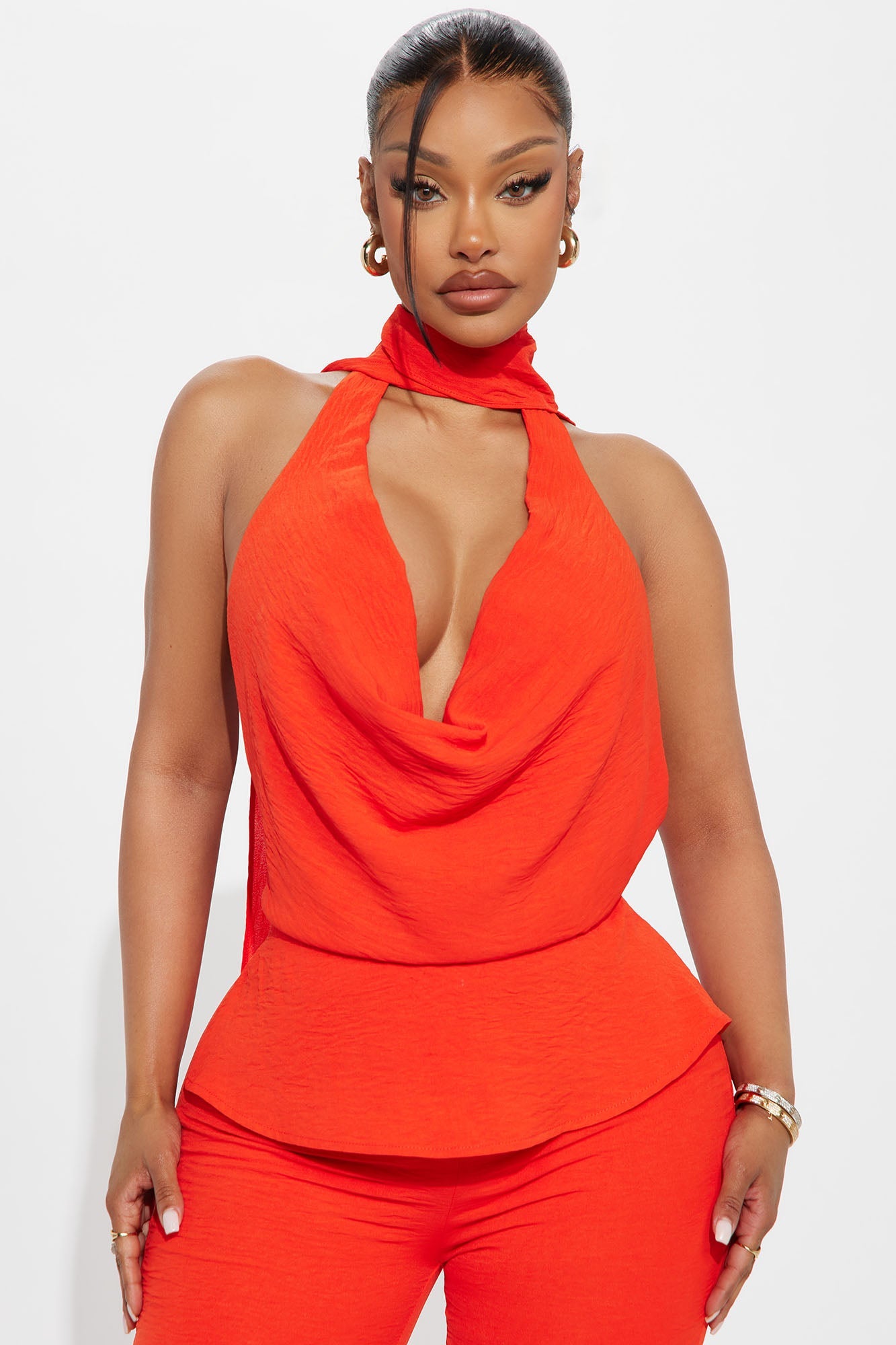 First Class Only Cowl Neck Jumpsuit - Tomato Red