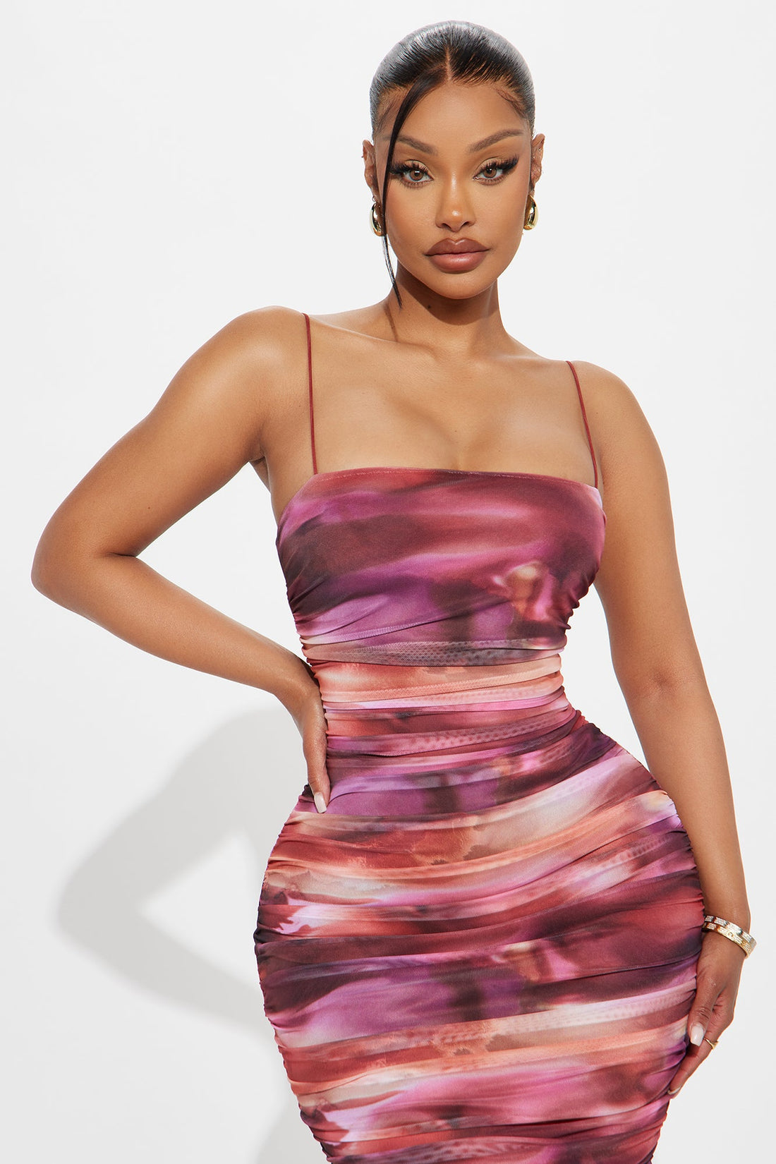 Missed Call Mesh Midi Dress - Pink/combo