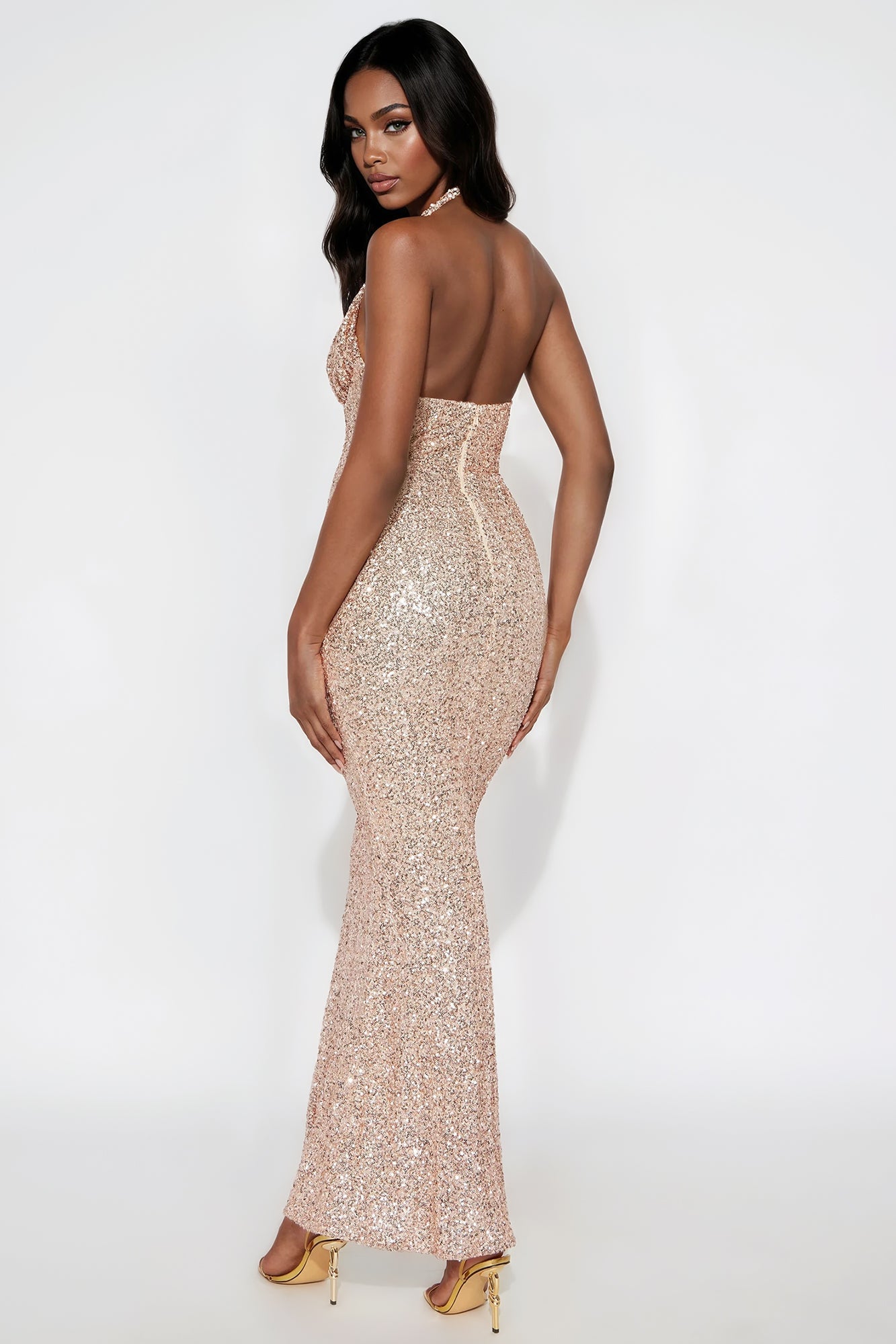 Sophia Sequin Halter Maxi Dress - Rose Gold