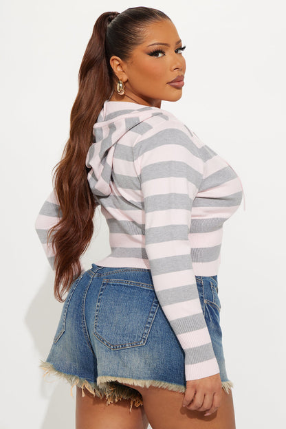 Simple Pleasures Front Zip Striped Cropped Sweater - Pink/combo