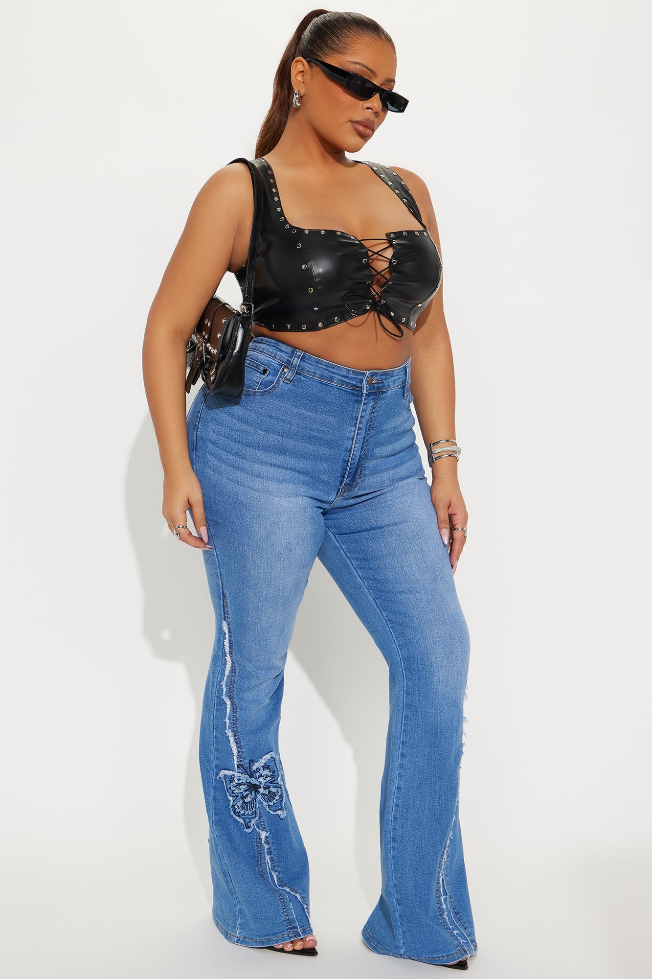 Fluttering Butterfly Embroidered Flare Jeans - Medium Wash