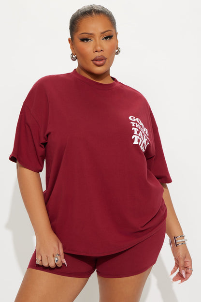 Good Things Take Time Biker Short Set - Burgundy