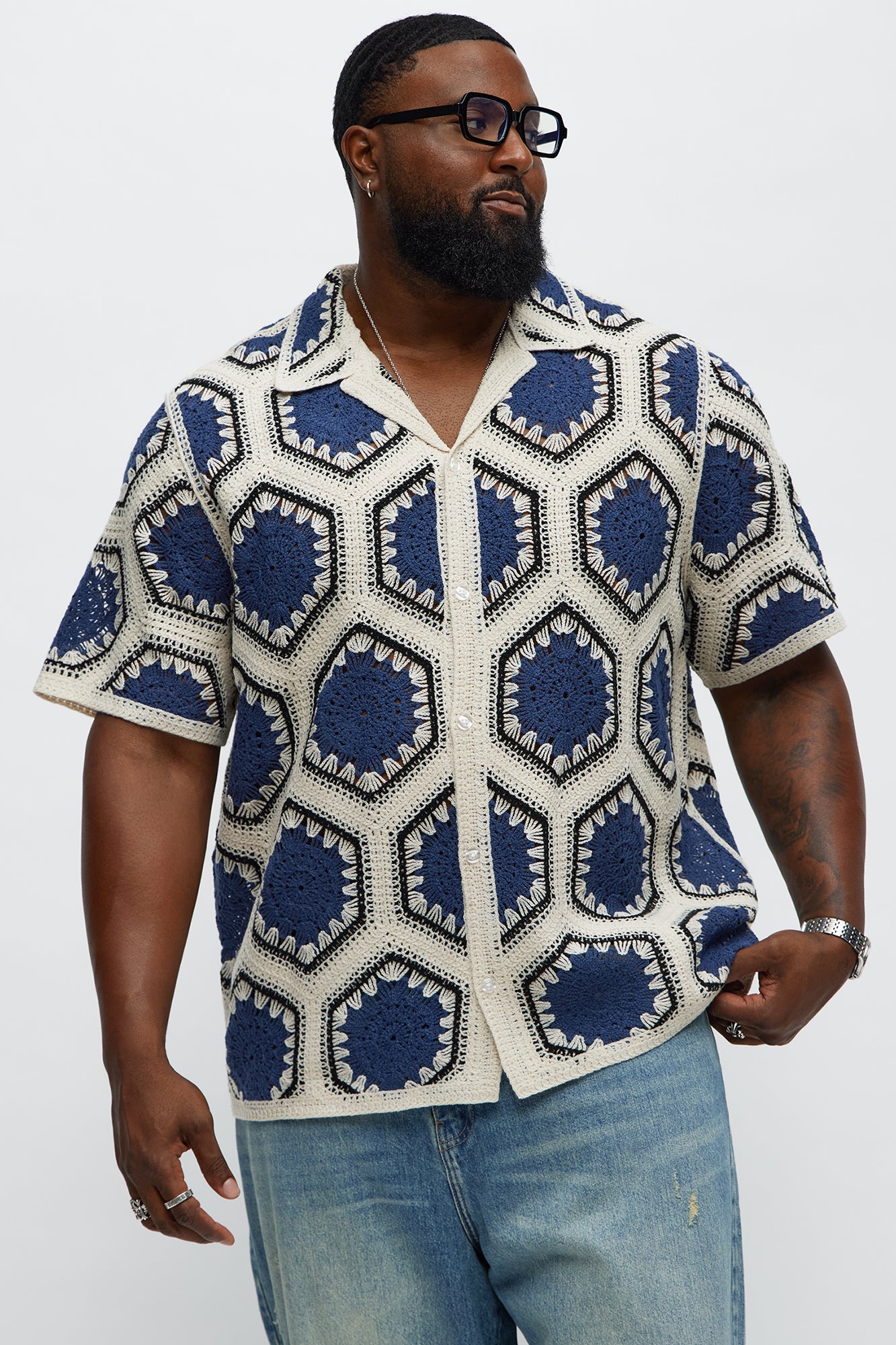 Vacay Vibes Crochet Button Up Shirt - Navy/combo