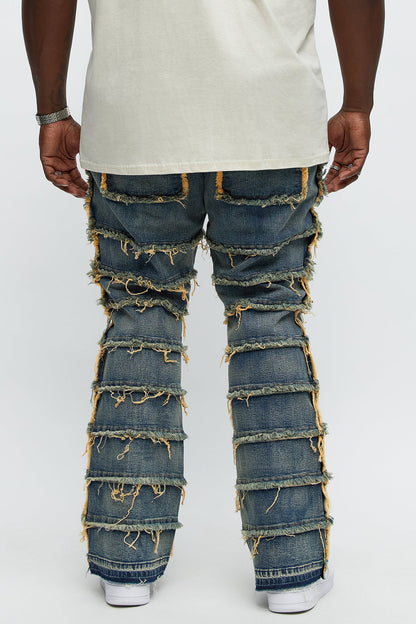 Square Pockets Fray Stacked Skinny Flare Jeans - Dark Wash